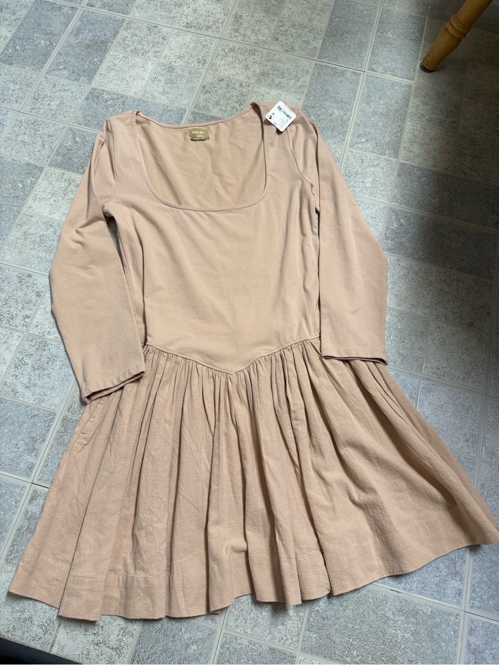 Free People Onda Long-Sleeve Scoop Cotton Dress in Taupe Blush Pink - Picture 2 of 9